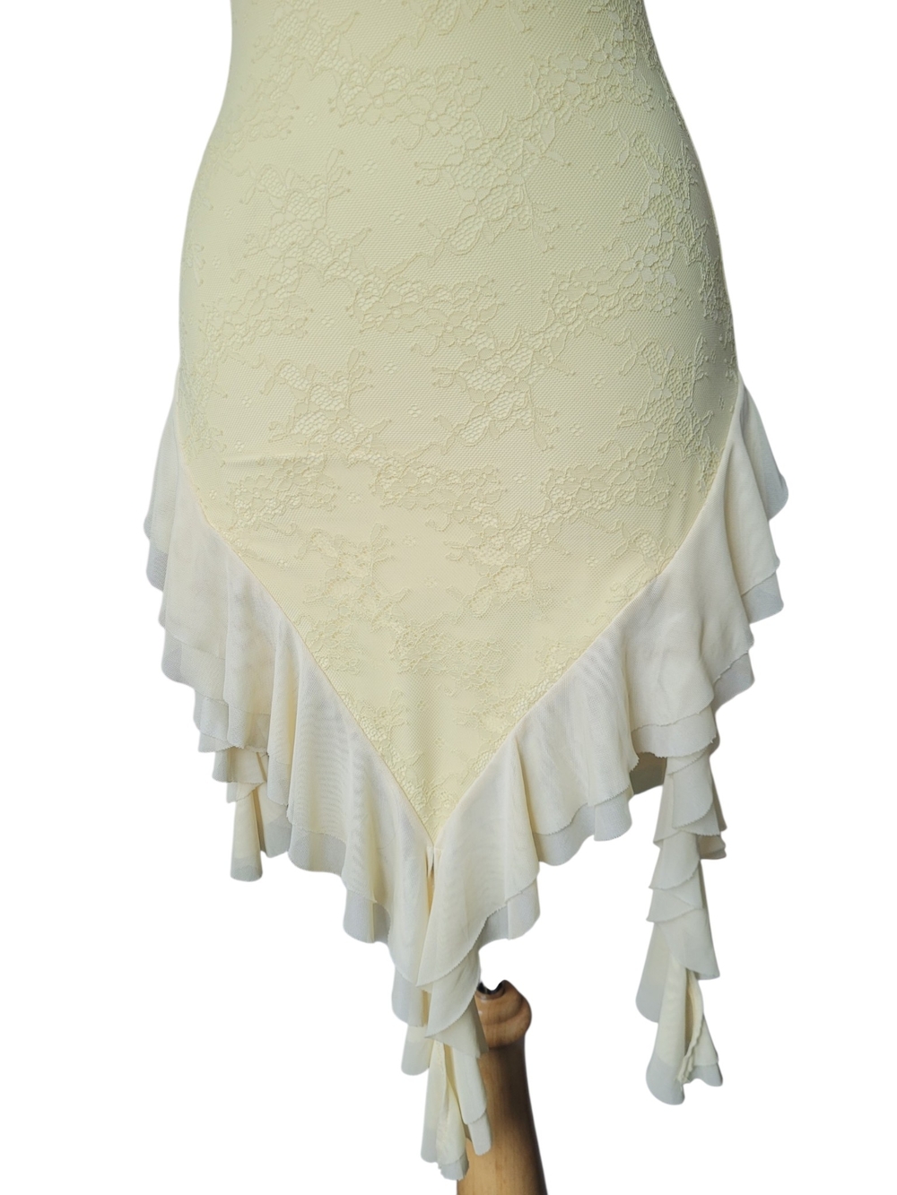 Tiger Mist Strapless Lace Dress Asymmetrical Ruffle Hem Pale Yellow - Picture 4 of 16